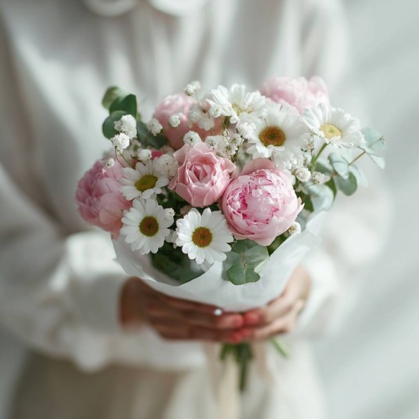 Букет с ромашками и пионами