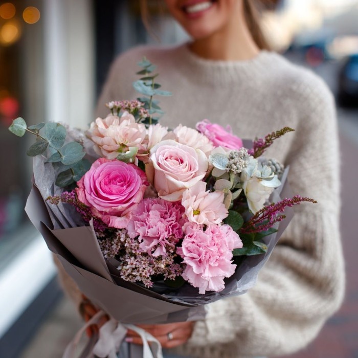 Букет роз с хамелациумом