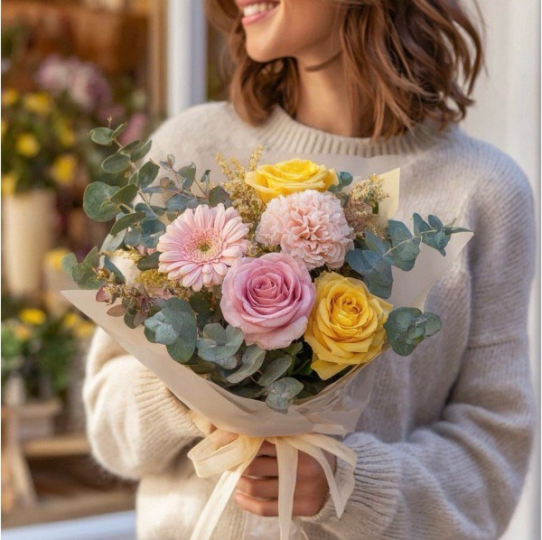 Букет роз с желтой астильбой