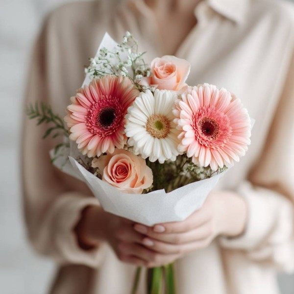 Герберы с кремовыми розами