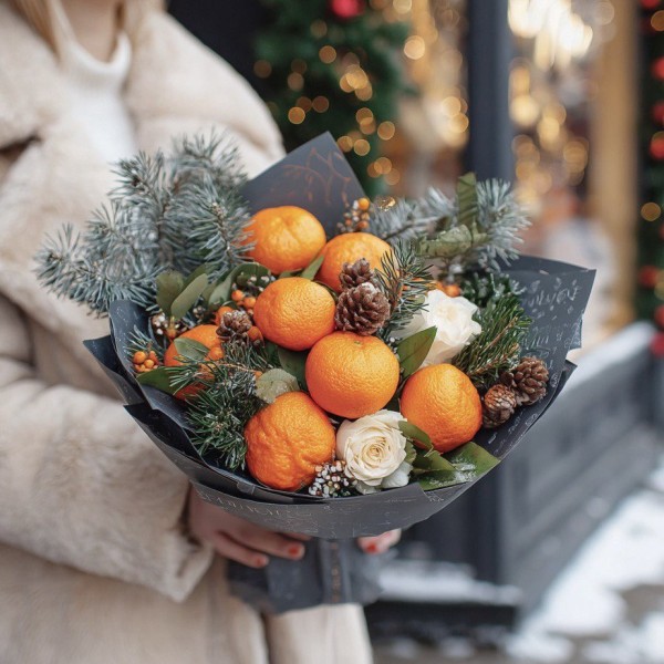 Новогодний букет с мандаринами и розой