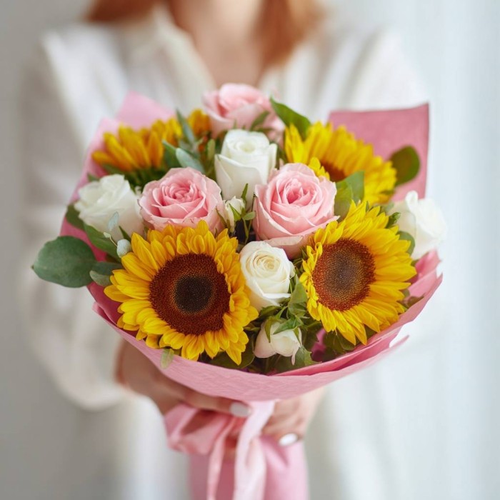 Подсолнухи и бело-розовые розы
