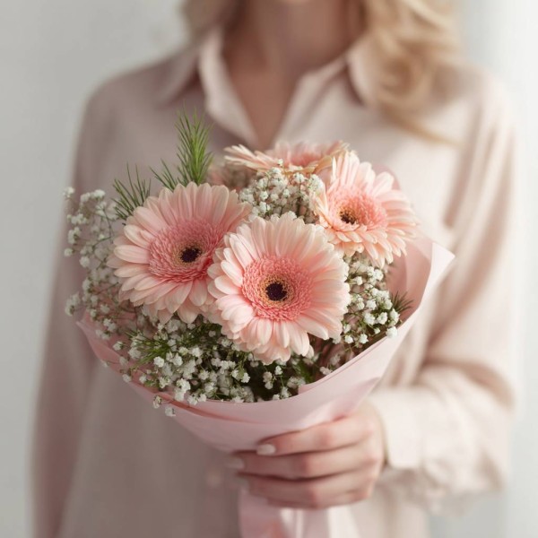 Розовые герберы с гипсофилой