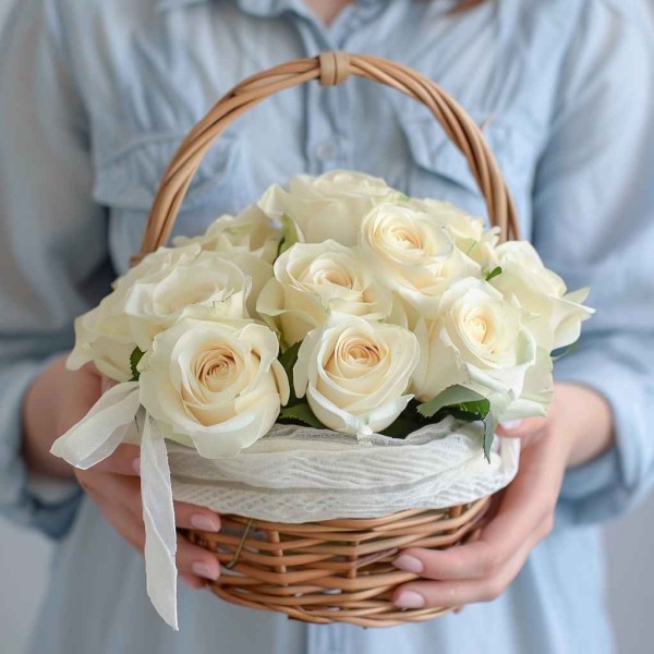 11 белых роз в корзине