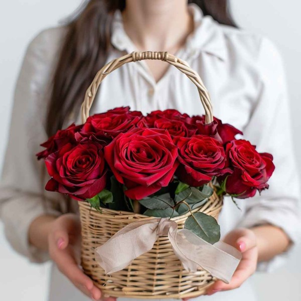 11 красных роз в корзине