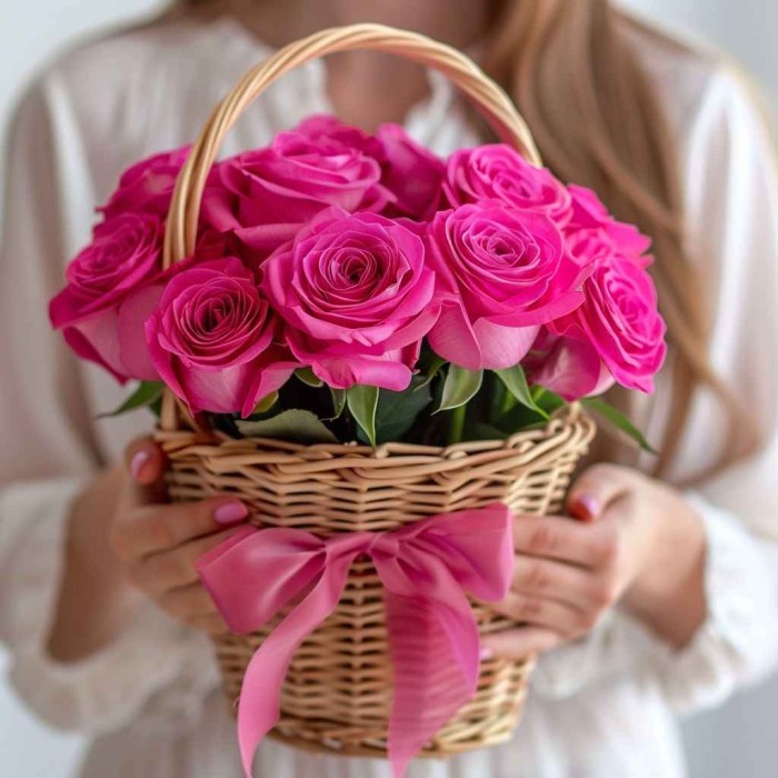 11 розовых роз в корзине