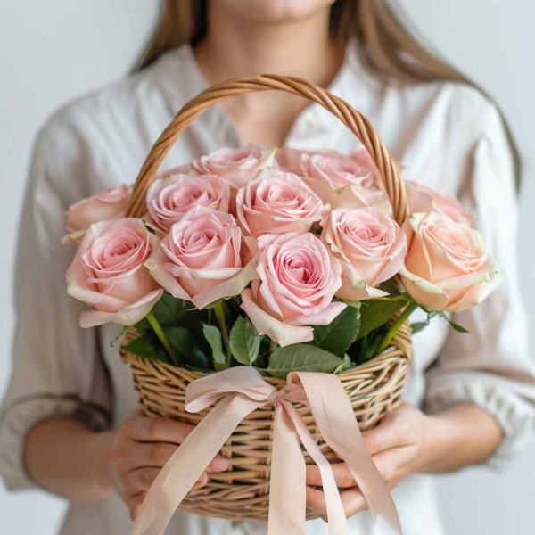 15 розовых роз в корзине