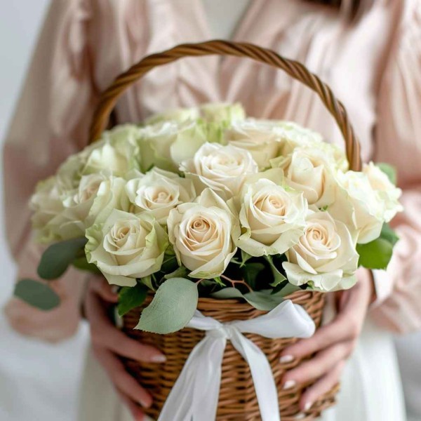 17 белых роз в корзине