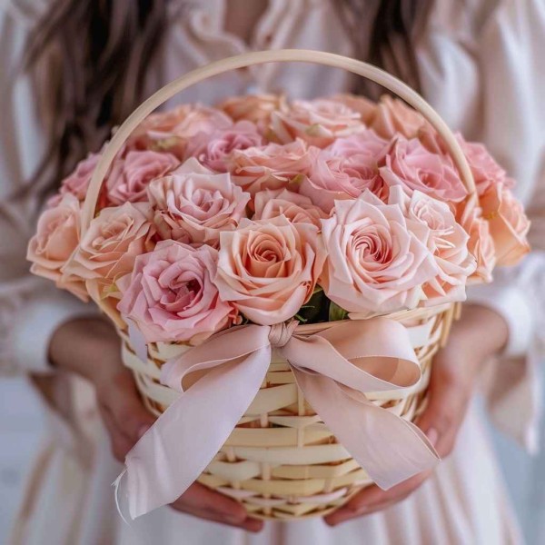 21 персиковая роза в корзине