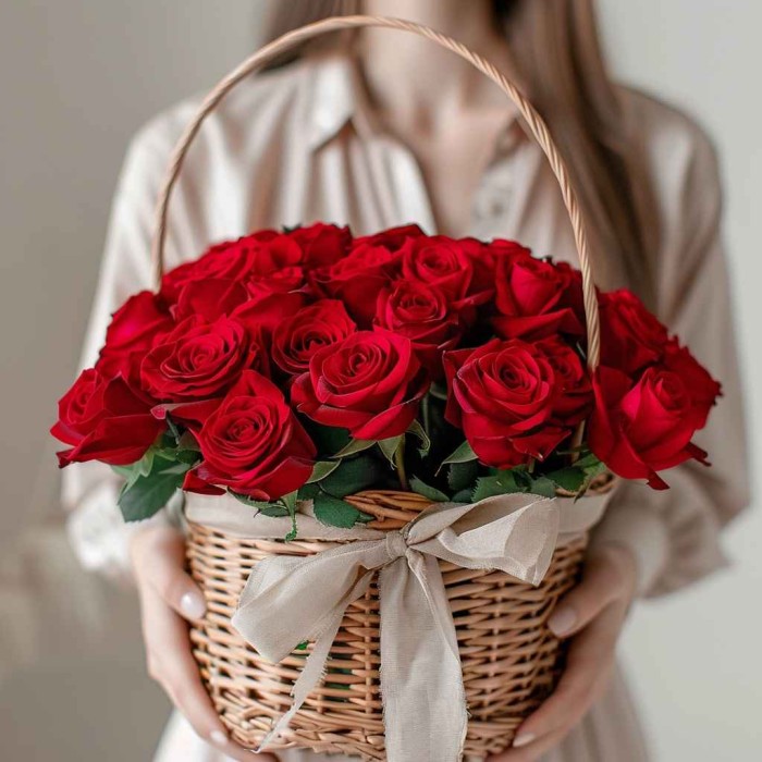 25 красных роз в корзине