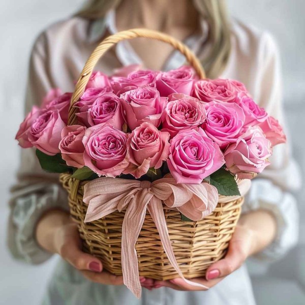 25 розовых роз в корзине