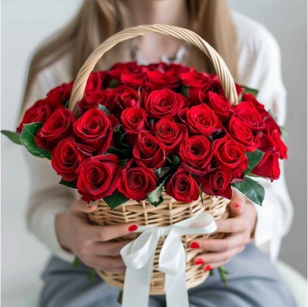 51 красная роза в корзине