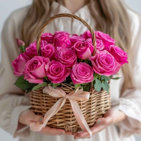 Корзина из 19 ярко-розовых роз