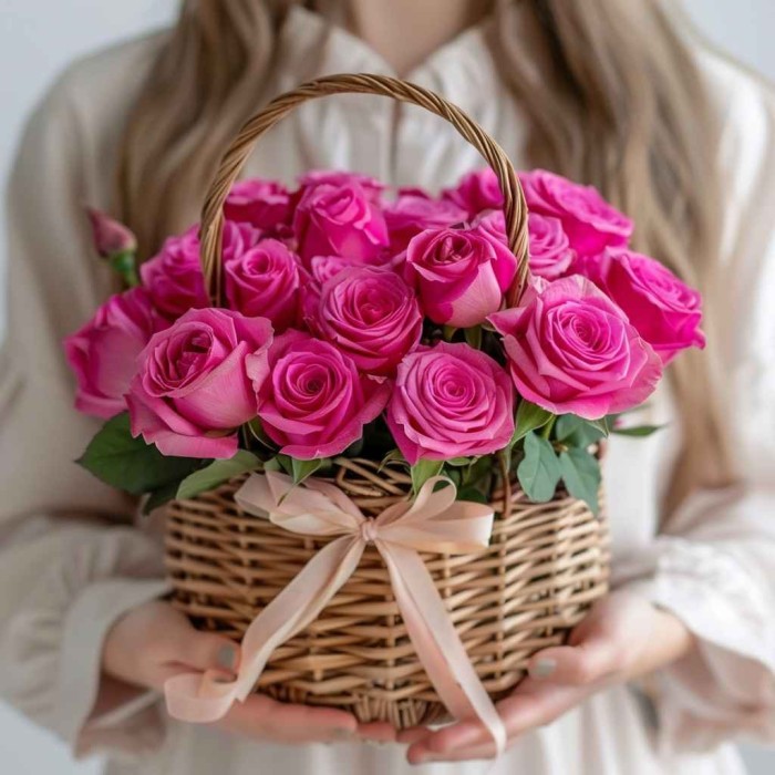 Корзина из 19 ярко-розовых роз