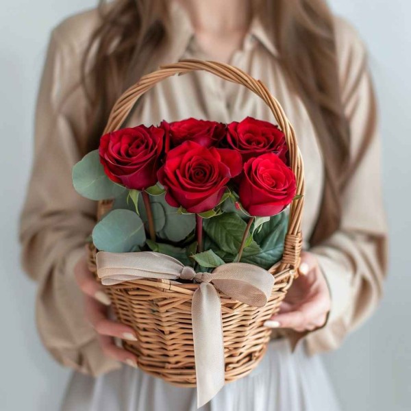 Корзина из 5 красных роз