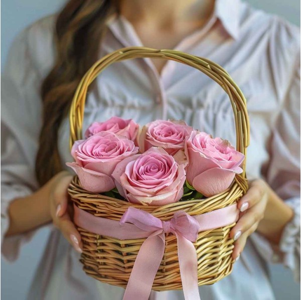 Корзина из 5 розовых роз