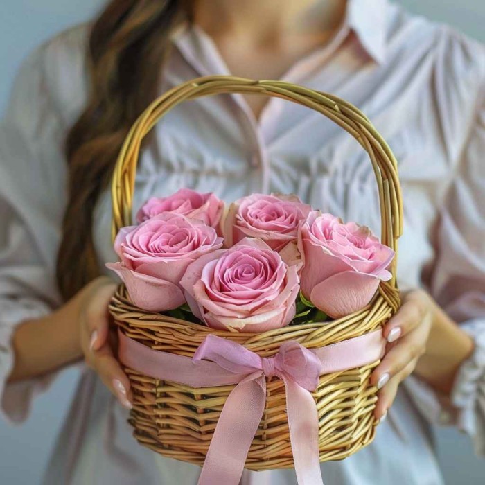 Корзина из 5 розовых роз