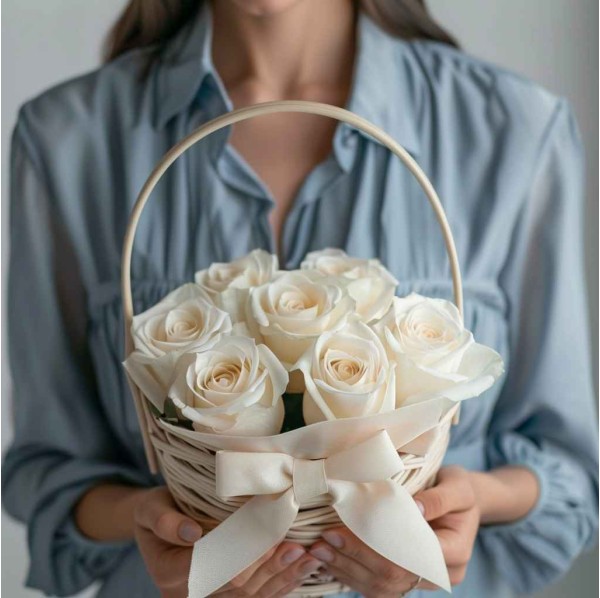 Корзина из 7 белых роз