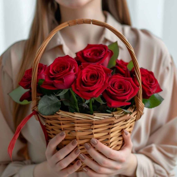 Корзина из 7 красных роз