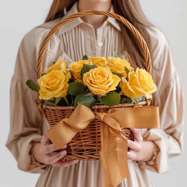 Корзина из 9 желтых роз