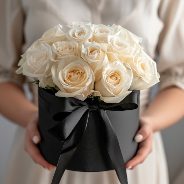 13 белых роз в коробке