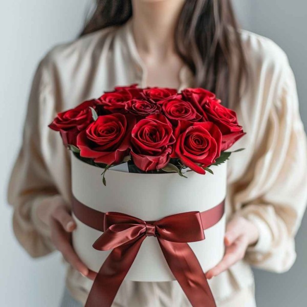 13 красных роз в белой коробке