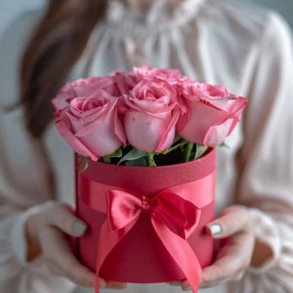 5 розовых роз в маленькой коробке