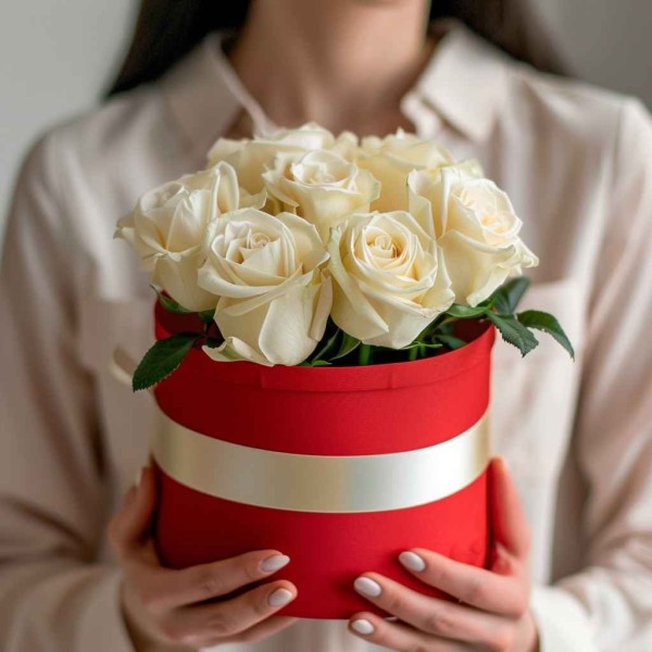 7 белых роз в шляпной коробке